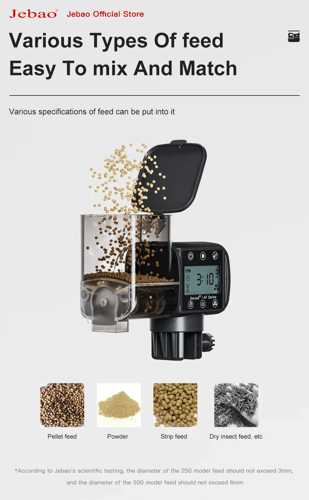 Black digital automatic fish feeder with clear food hopper, open lid, and LCD display for various food types.