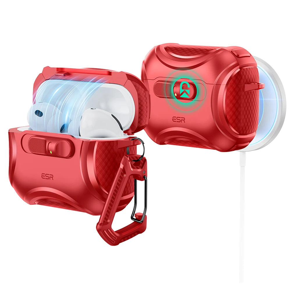 Red ESR protective case with carabiner for AirPods Pro, featuring a rugged design and wireless charging capability.