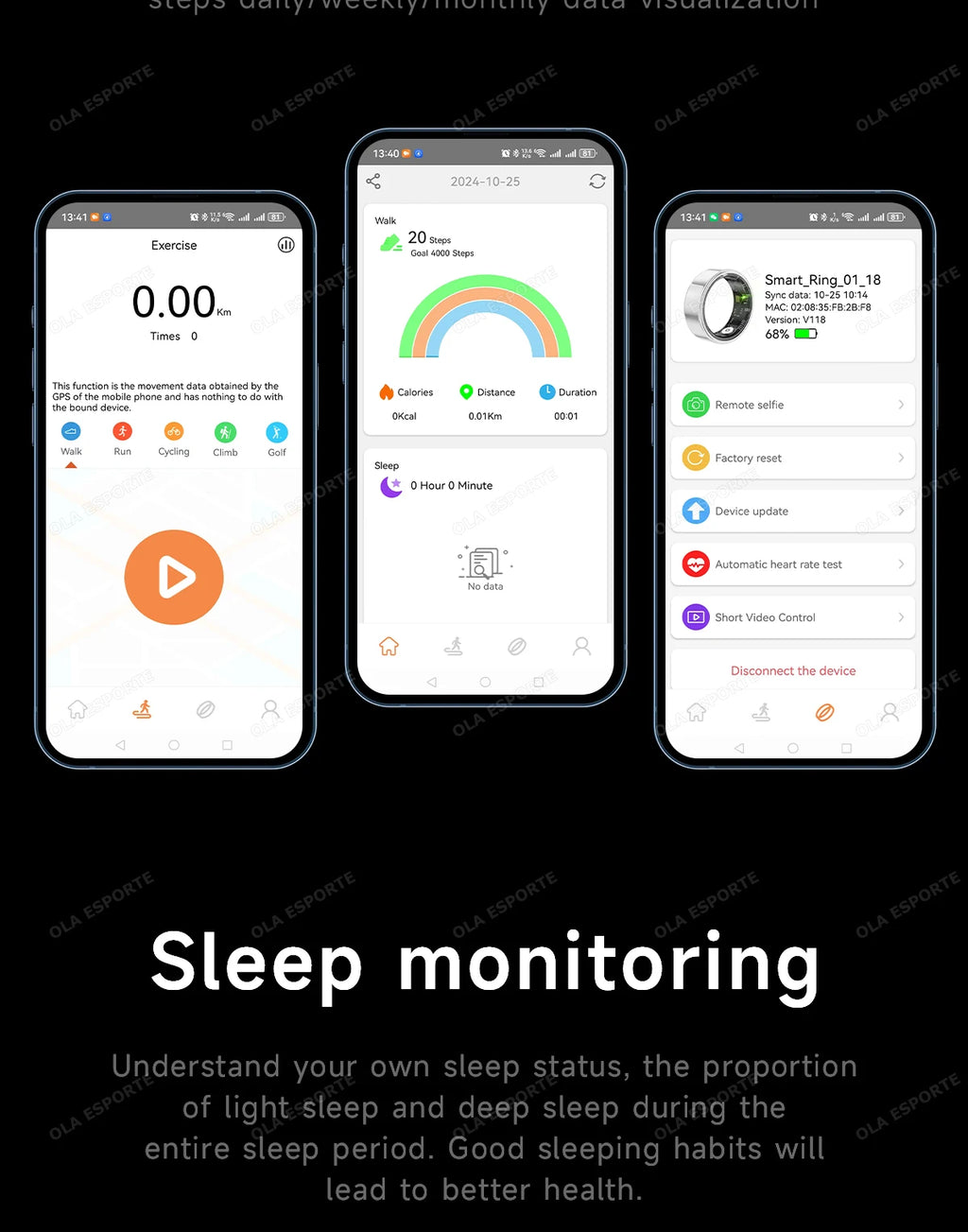 Three smartphones showing a silver smart health ring app interface, tracking fitness, sleep, and device settings.