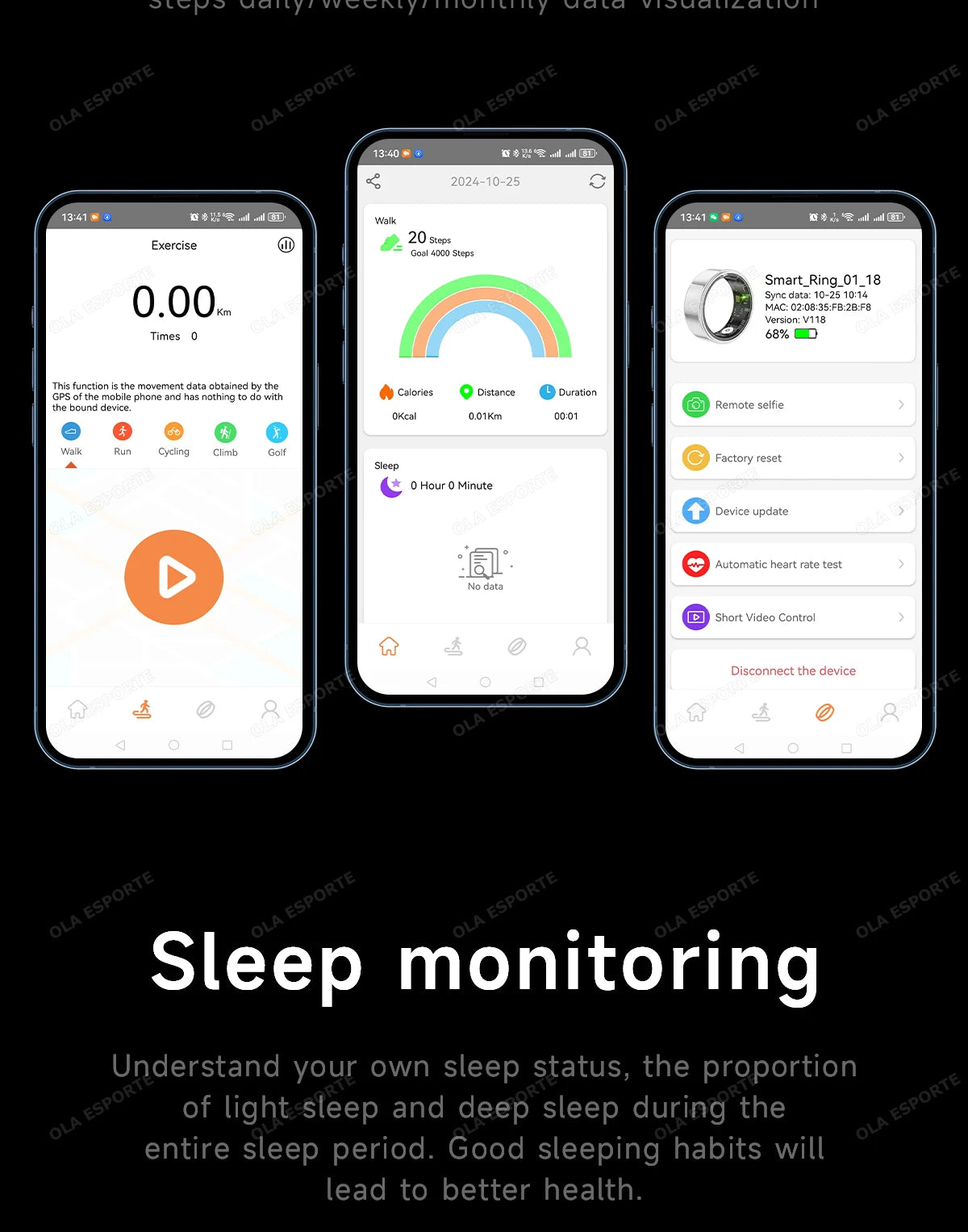 Three smartphones showing a silver smart health ring app interface, tracking fitness, sleep, and device settings.
