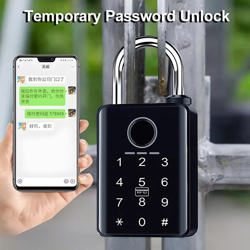 Black plastic smart padlock with metal shackle, keypad, RFID sensor, and fingerprint scanner, unlocked via smartphone.