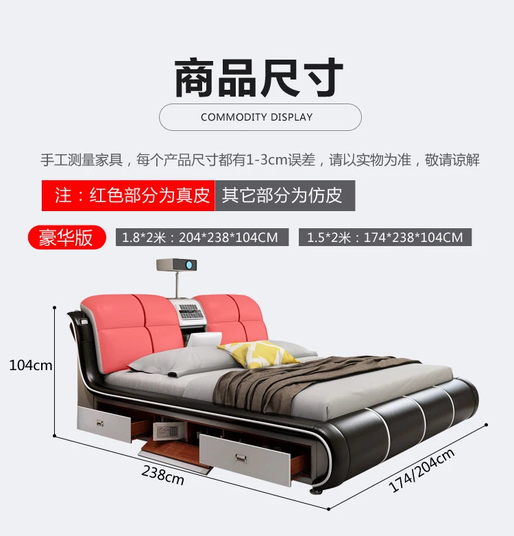 Modern multi-functional bed frame with a pink cushioned headboard, black curved base, integrated storage and safe.