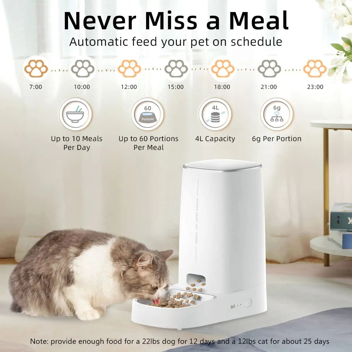 White, minimalist automatic pet feeder with 4L capacity and digital scheduling icons, shown with a cat eating.