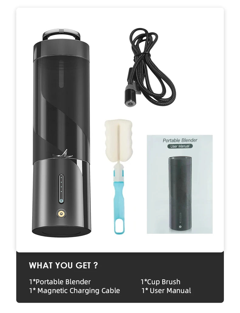 Black portable blender kit with magnetic charging cable, cup brush, and user manual. Modern, sleek cylinder design.