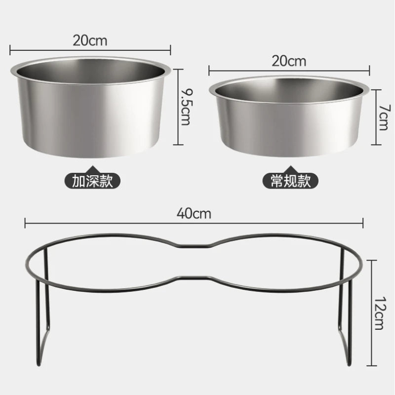 Two silver stainless steel bowls with size measurements and a black elevated double stand below.