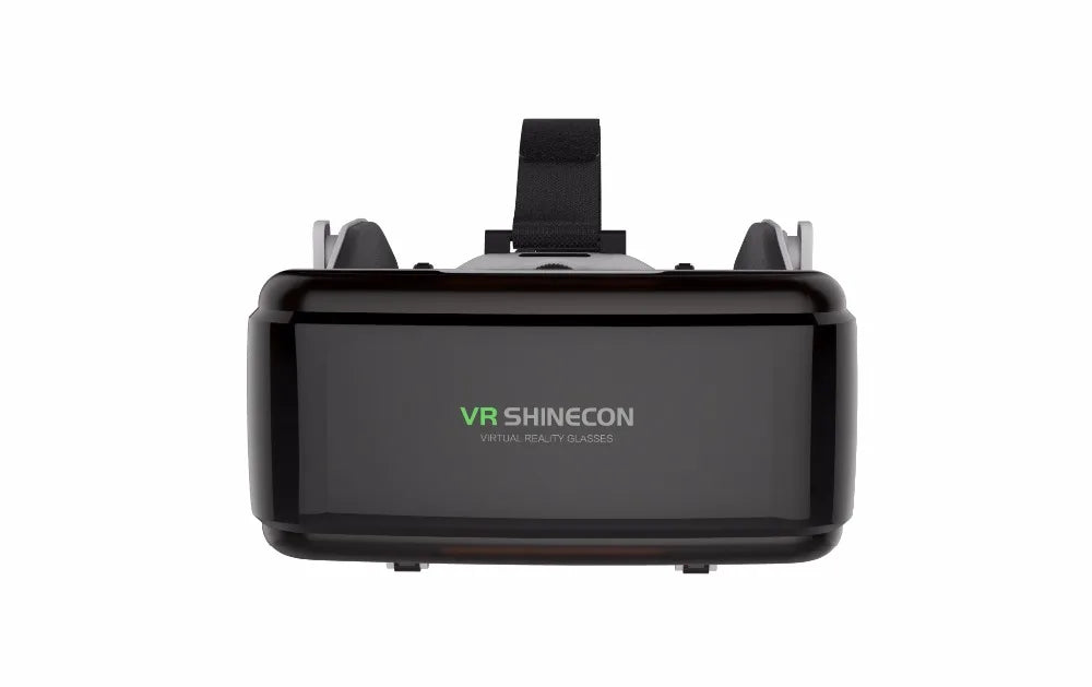 Black smartphone VR headset with an adjustable head strap, shown from the front against a white background.