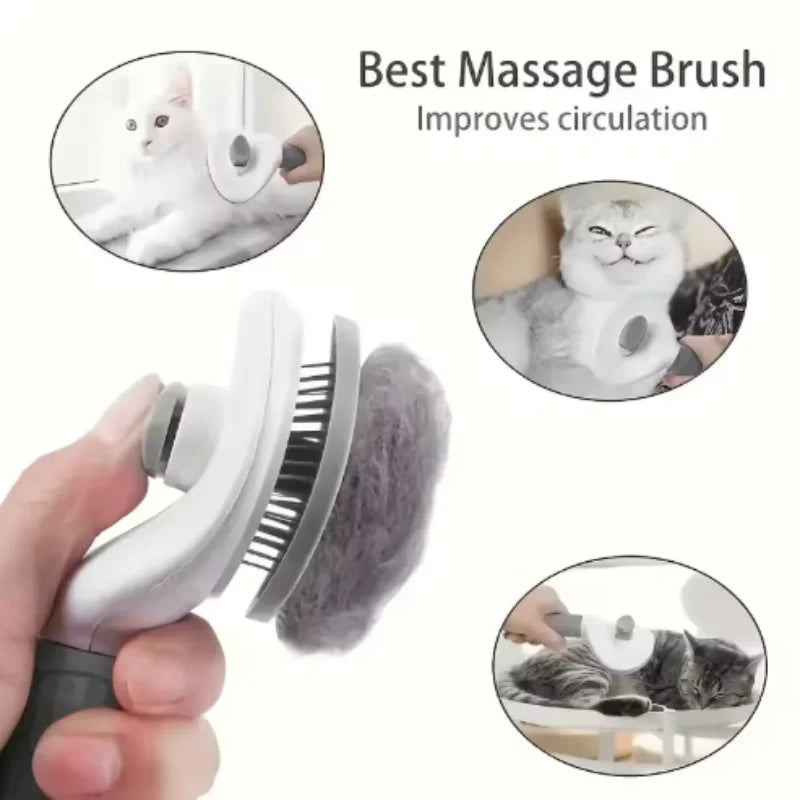Grey and white self-cleaning pet grooming brush, shown in use on cats.