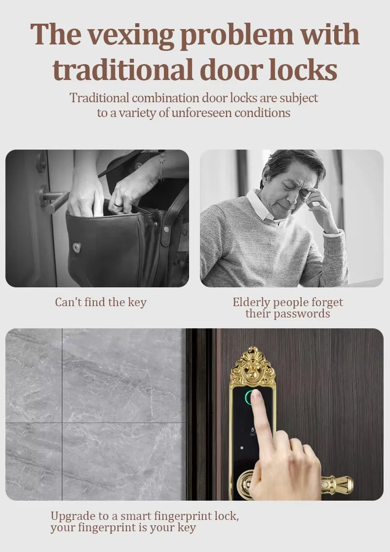 Gold-colored metal smart door lock with a digital touchscreen and fingerprint scanner installed on a dark wood door.