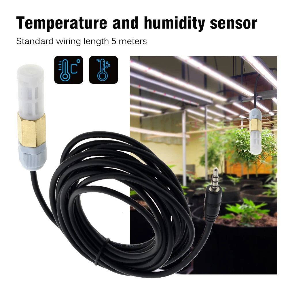 Temperature and humidity sensor with a 5-metre black cable and 3.5mm jack for a smart grow light controller.