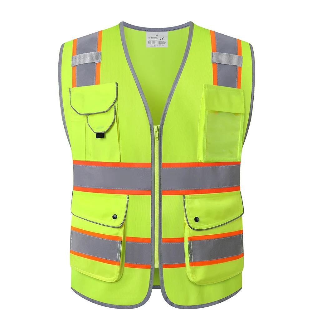 High-visibility neon yellow workwear utility vest with reflective strips and multiple functional front pockets.