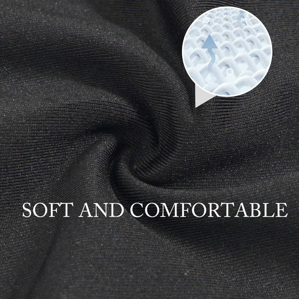 Close-up of soft black fabric texture with a circular inset showing a magnified, breathable mesh structure.