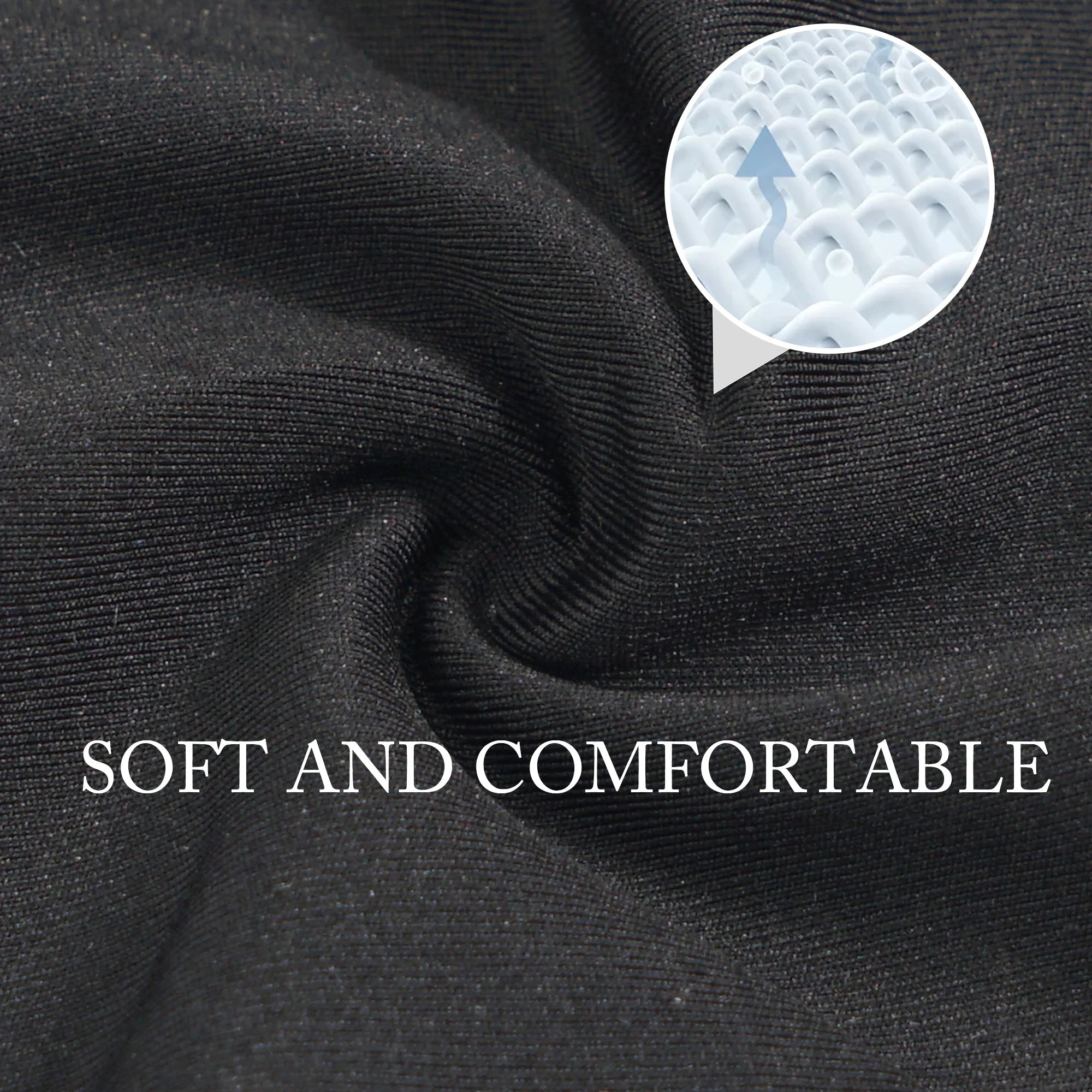 Close-up of soft black fabric texture with a circular inset showing a magnified, breathable mesh structure.