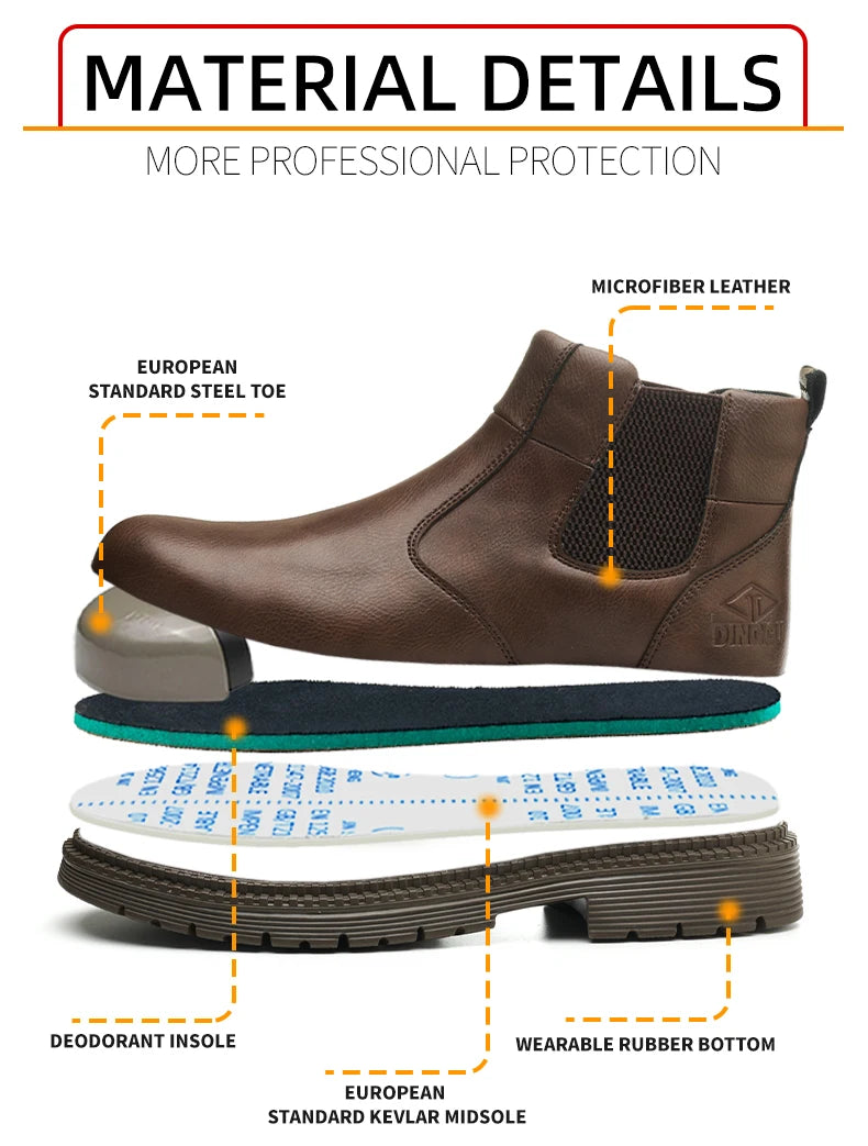 Brown leather safety boot broken down to show steel toe, insole, kevlar midsole, and rubber outsole layers.