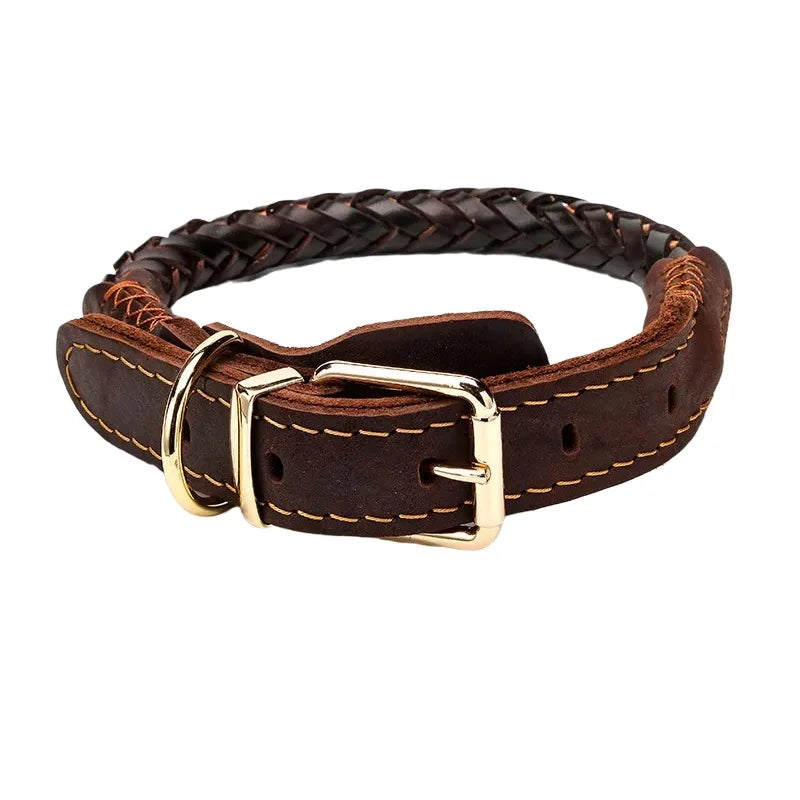 Dark brown, braided real leather dog collar with gold-tone metal buckle and D-ring, featuring contrast stitching.