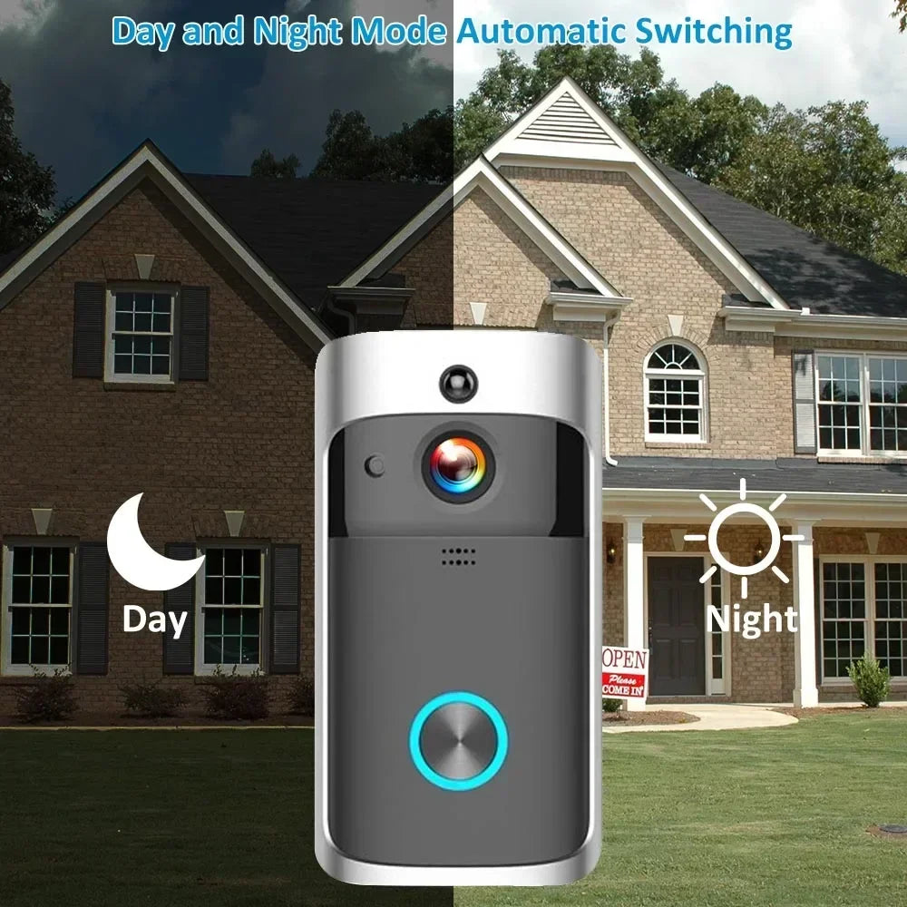 Sleek silver and grey smart video doorbell with a glowing blue button, showing day and night vision capability.