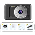 Black digital camera with 4K resolution, 50MP, 8x zoom, lens, flash, manual, lanyard, and charging cable.