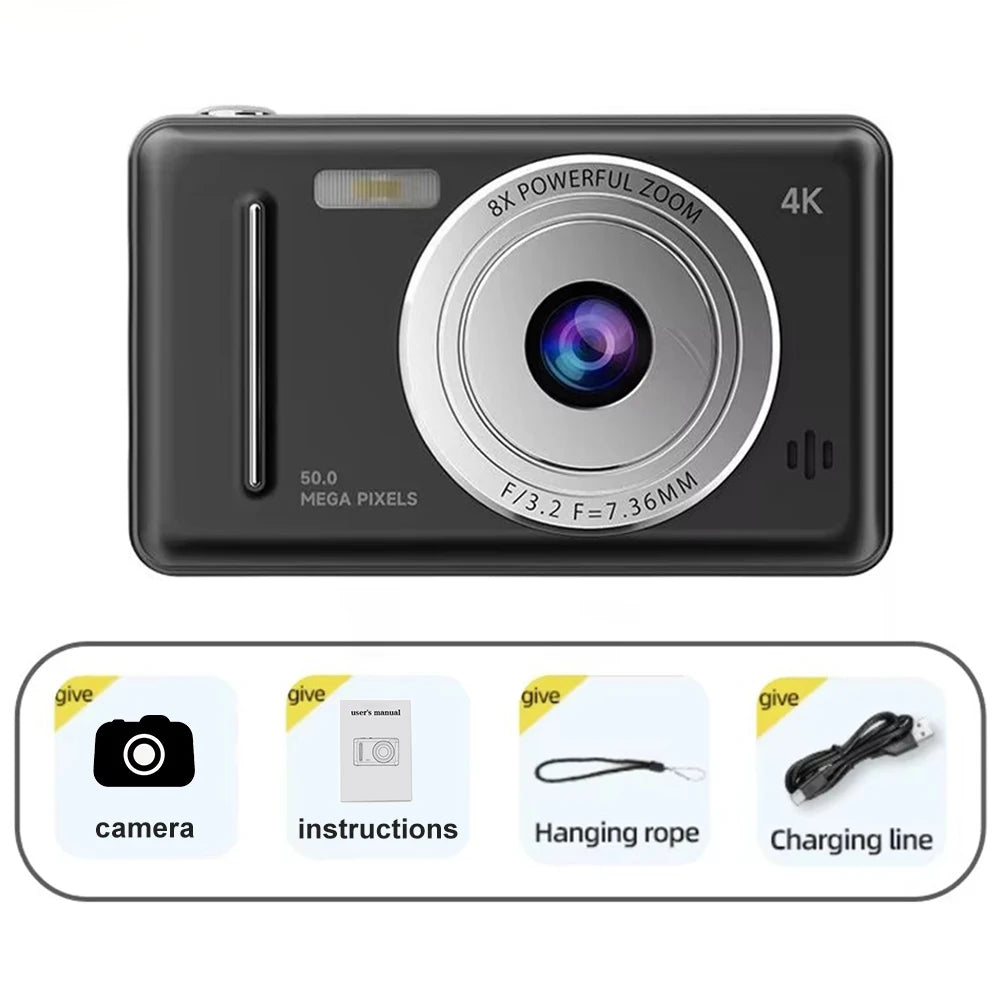 Black digital camera with 4K resolution, 50MP, 8x zoom, lens, flash, manual, lanyard, and charging cable.