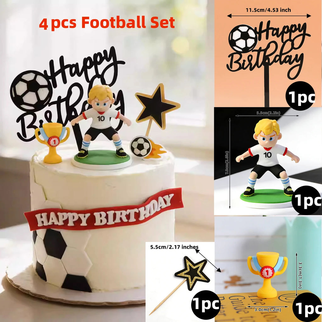 Four-piece football cake topper set featuring a player figure, Happy Birthday script, trophy, and star.