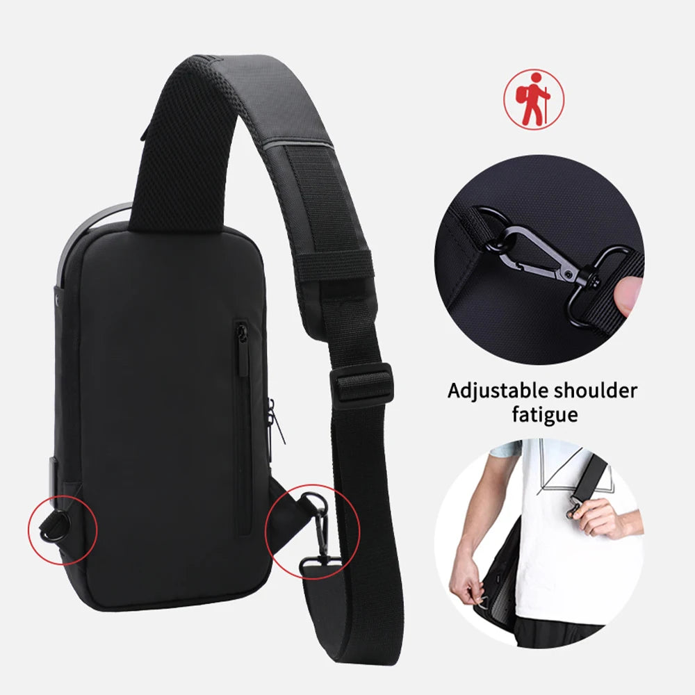 Black waterproof sling bag with an adjustable strap, zip pocket, and USB charging port, shown from multiple angles.