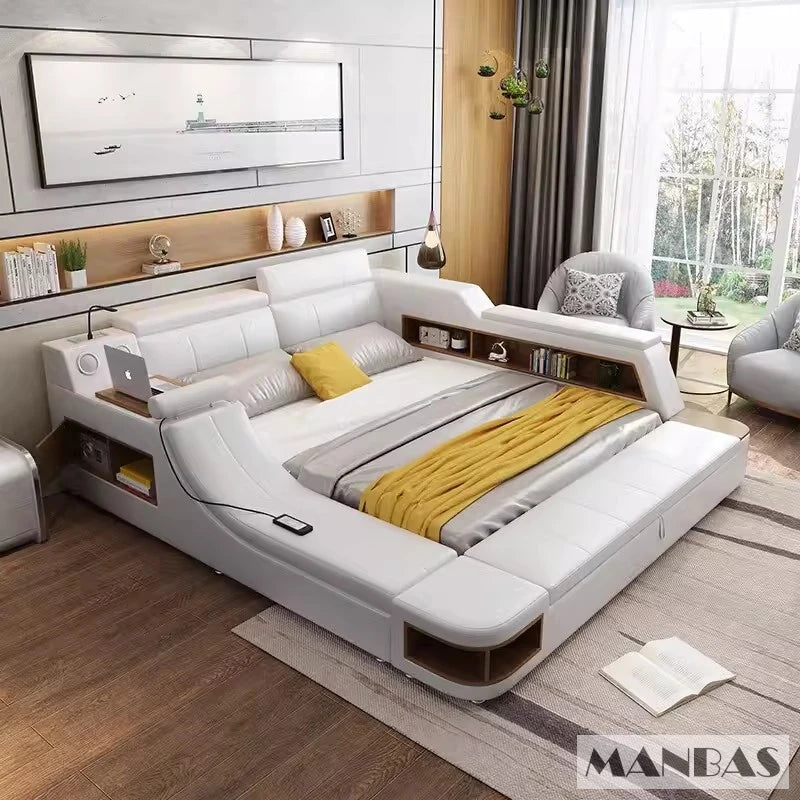 Luxury white leather smart bed frame with built-in storage shelves, bedside tables, and integrated LED lighting.