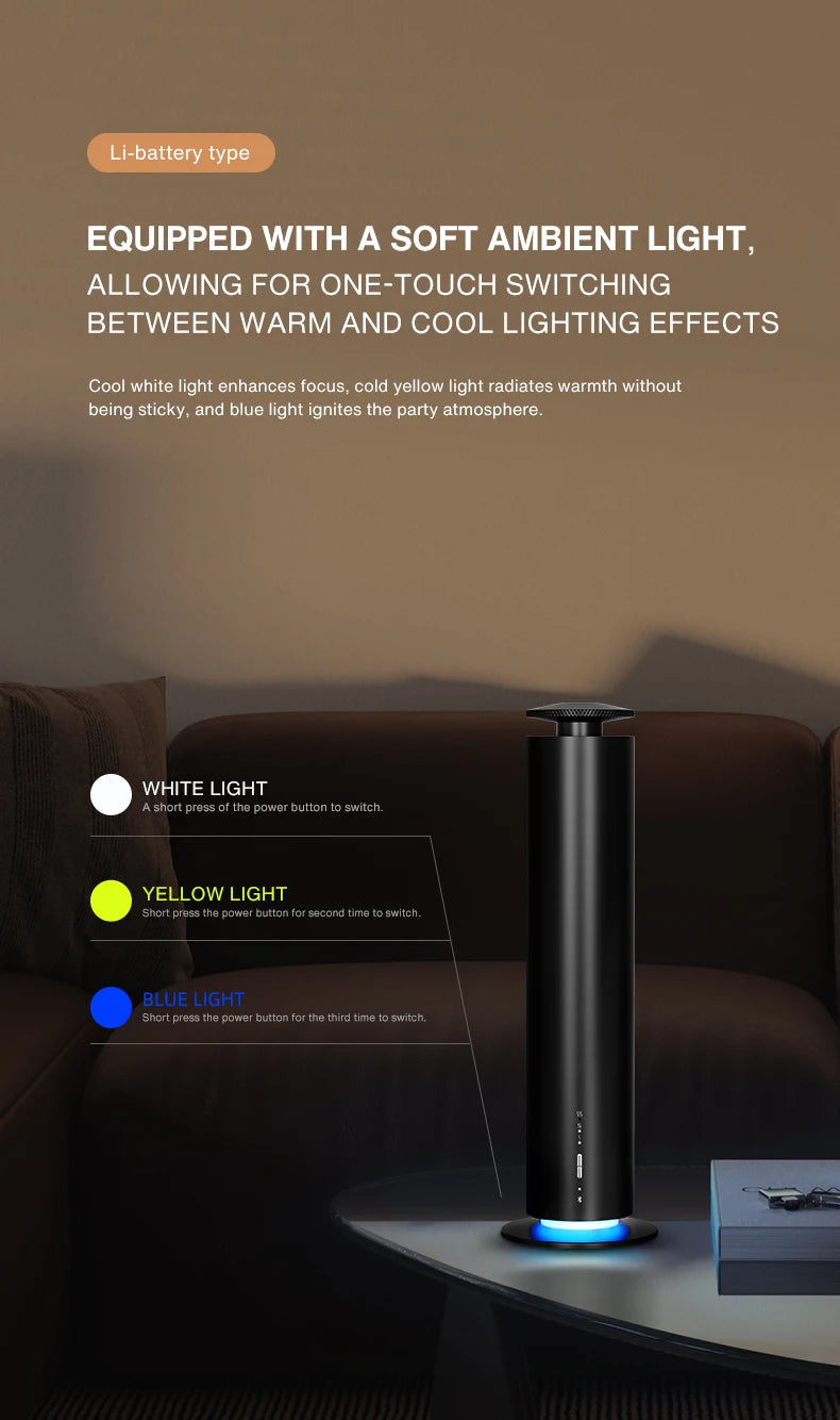Sleek black cylindrical aroma diffuser on a table with a glowing base light that switches between white, yellow, and blue.