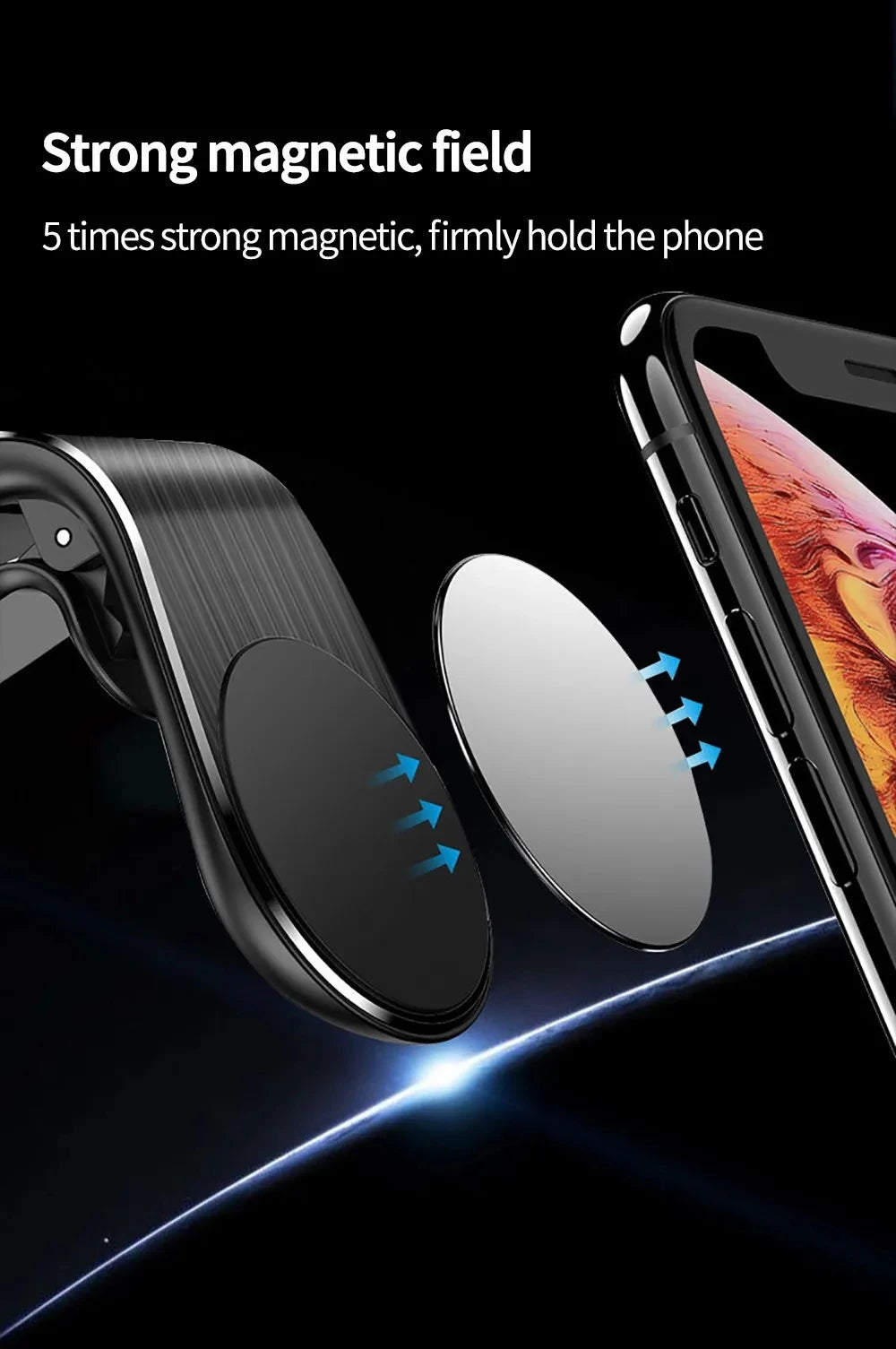 Black magnetic car phone mount with a sleek, brushed metal finish and a strong circular magnetic head.