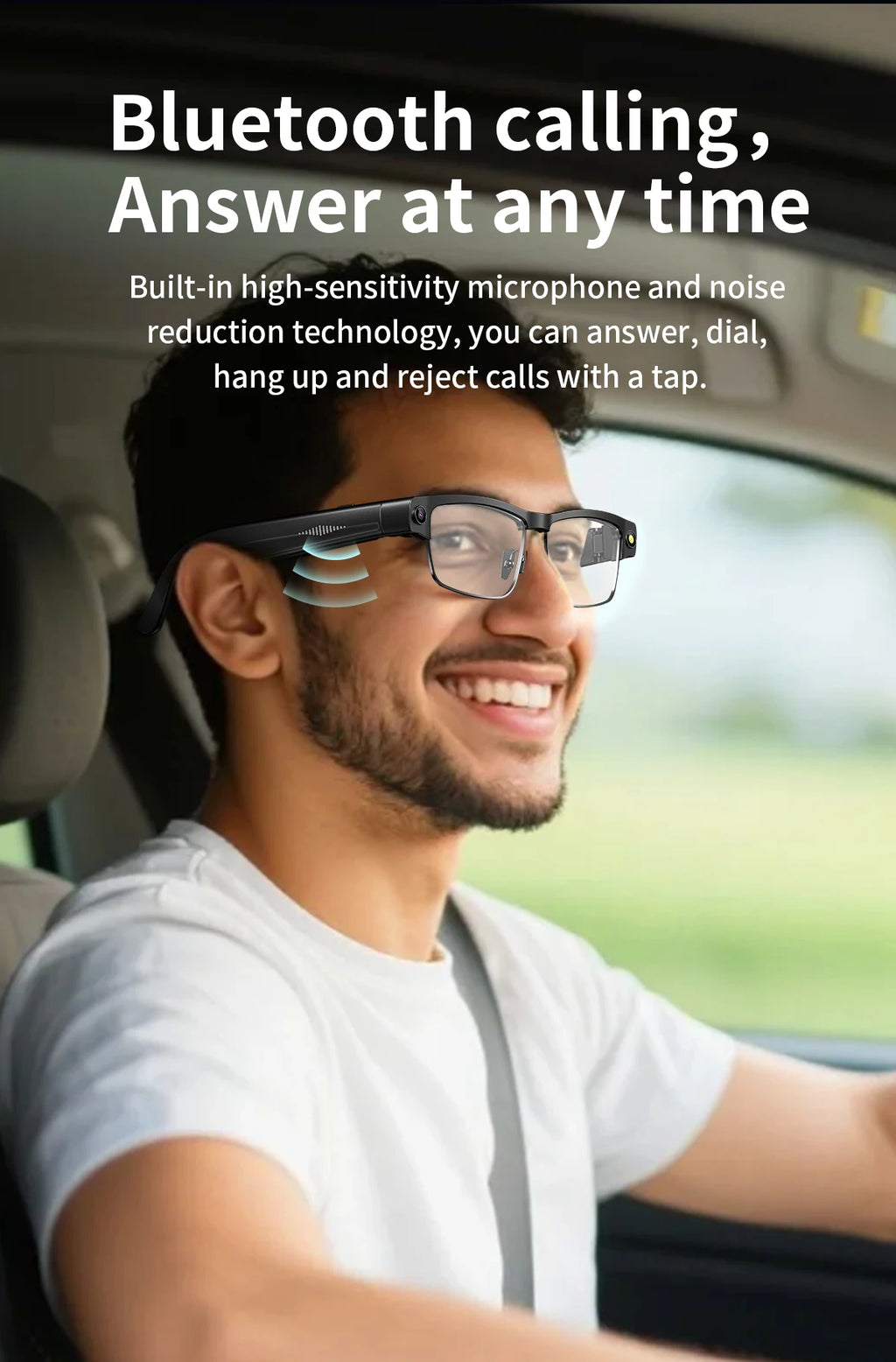 A man wearing sleek black smart glasses with built-in cameras and Bluetooth audio while driving.