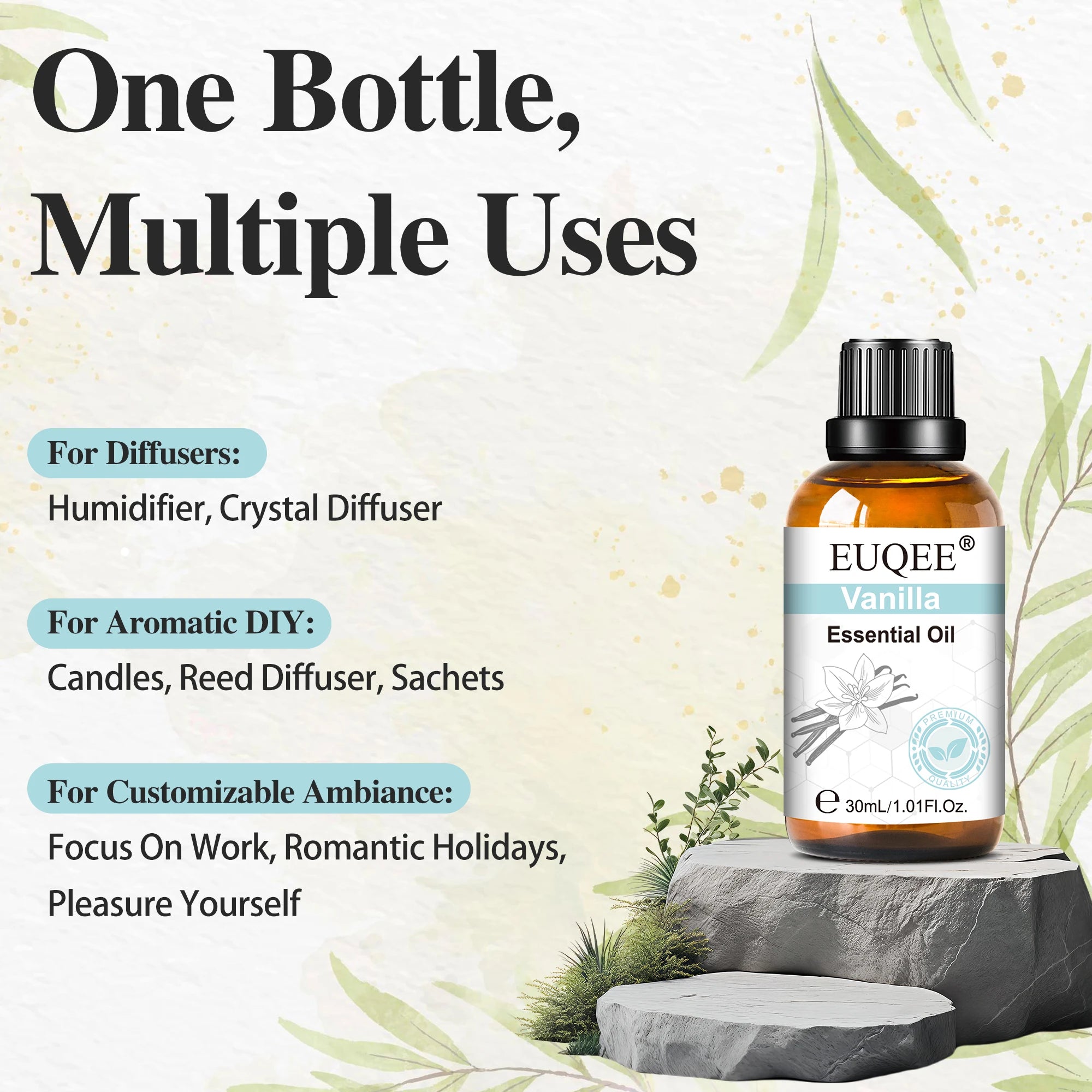 30ml amber glass bottle of vanilla essential oil resting on grey stone, with text listing versatile usage ideas.