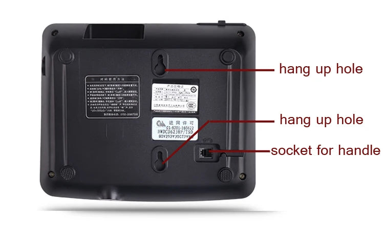 Back of a black corded telephone base showing two wall-mounting hang-up holes and a handset connection socket.