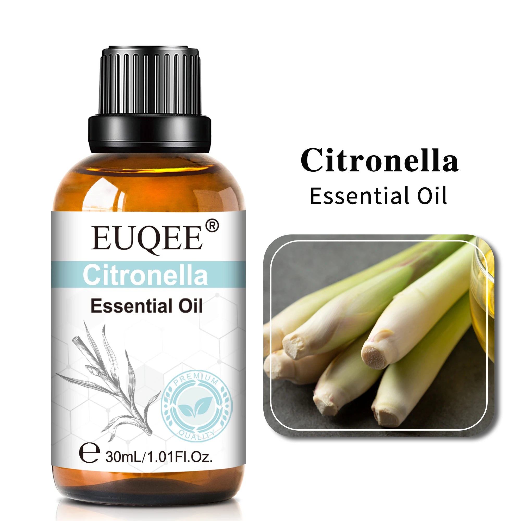 30ml amber glass bottle of Citronella essential oil with a black dropper cap and a label featuring lemon grass stalks.