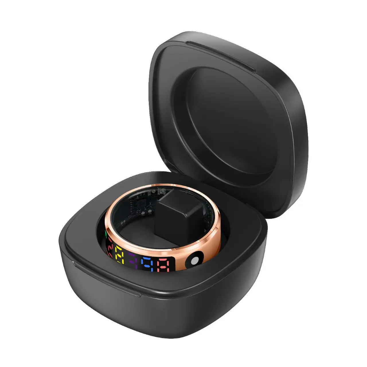 Rose gold smart ring with a digital colour display, resting in an open black charging case.