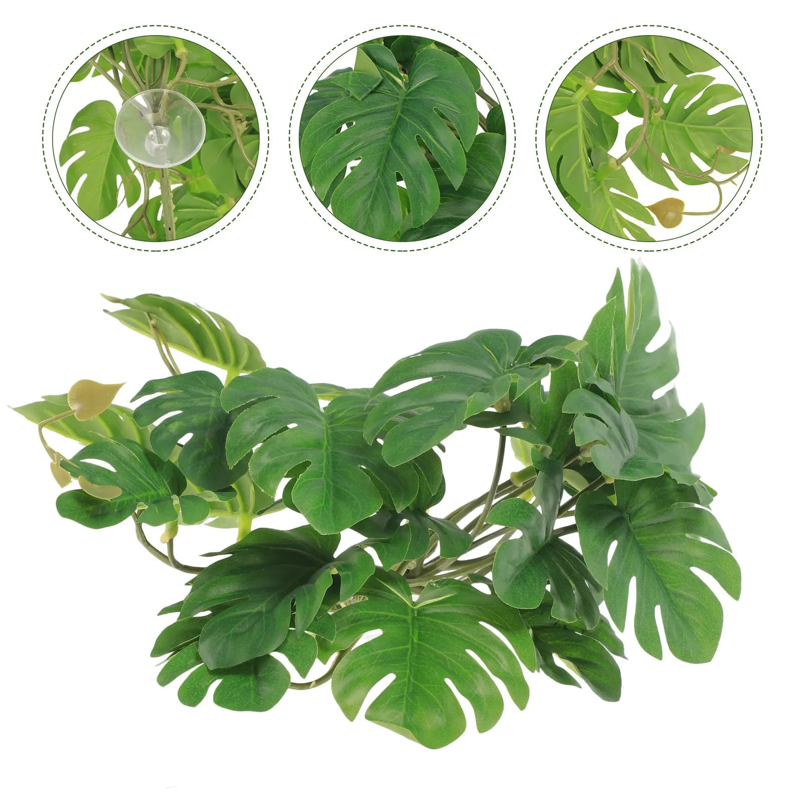 Artificial monstera reptile plant with realistic green leaves and a clear suction cup for terrarium mounting.