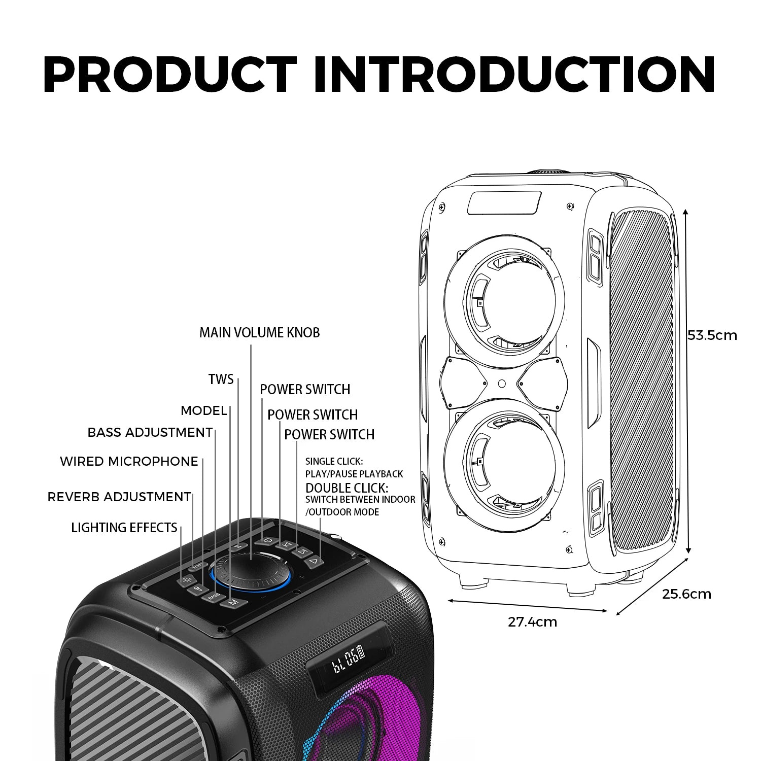 Line drawing of a portable black party speaker with dimensions, control buttons, and volume knob.