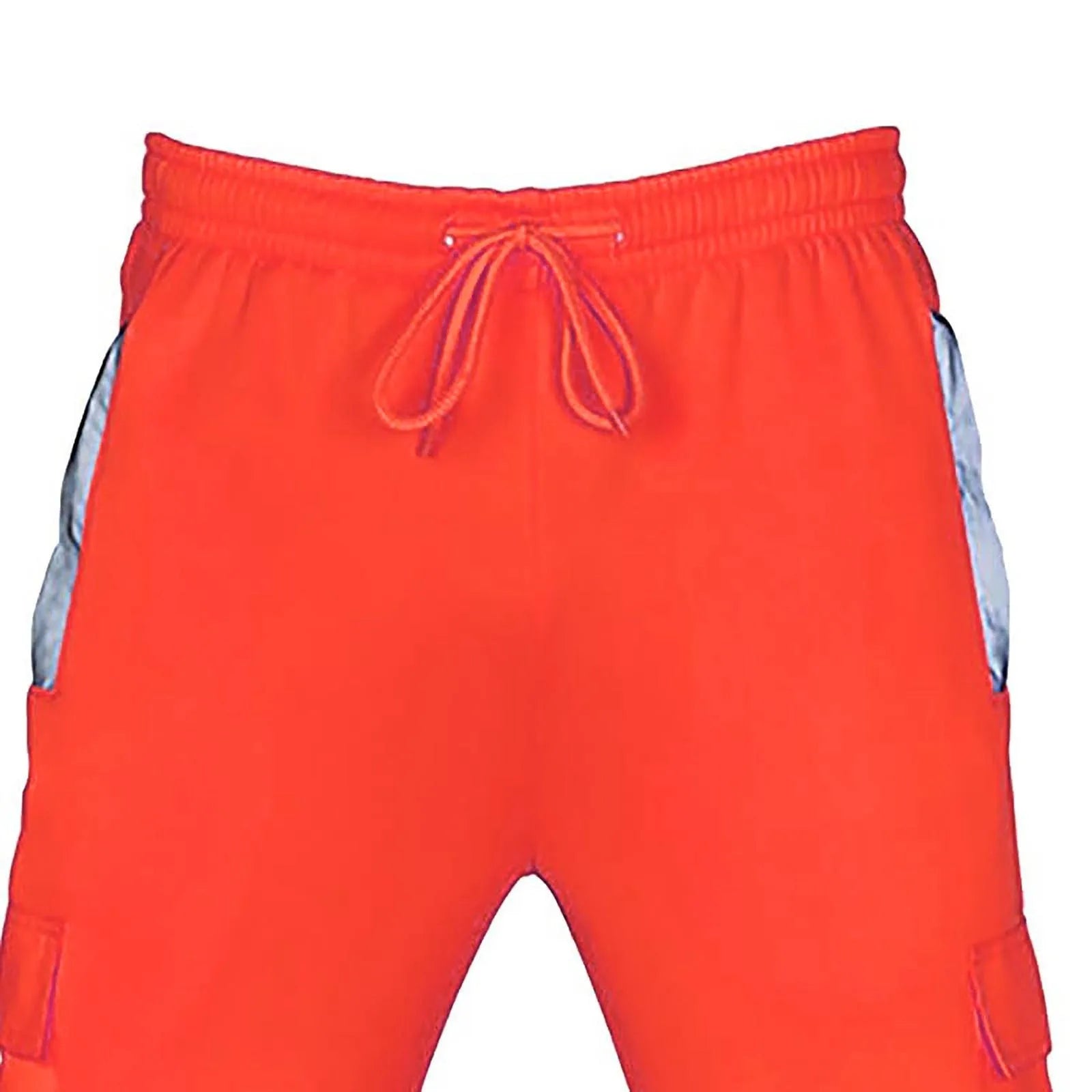 High-visibility orange men's work trousers with an elasticated drawstring waist and reflective side panels.