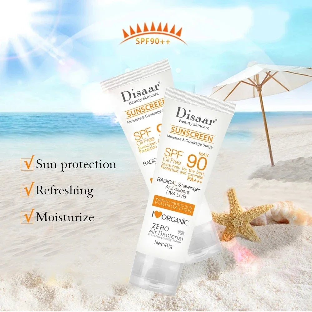 Two tubes of oil-free SPF 90 sunscreen and foundation with moisturizing, refreshing, and sun protection benefits.