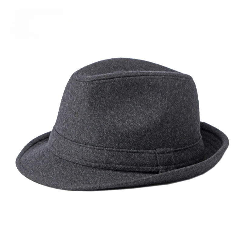 Charcoal grey felt fedora hat with a classic pinched crown and matching band.