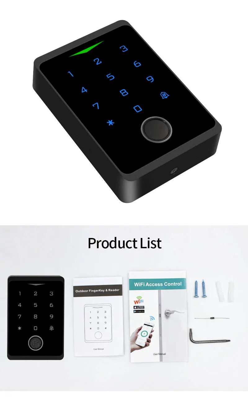 Black smart access control keypad with touchscreen, fingerprint scanner, and included hardware and manuals.