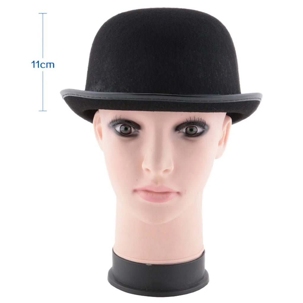 A classic black bowler hat on a mannequin head, featuring a rounded crown and narrow brim. The hat height is 11cm.