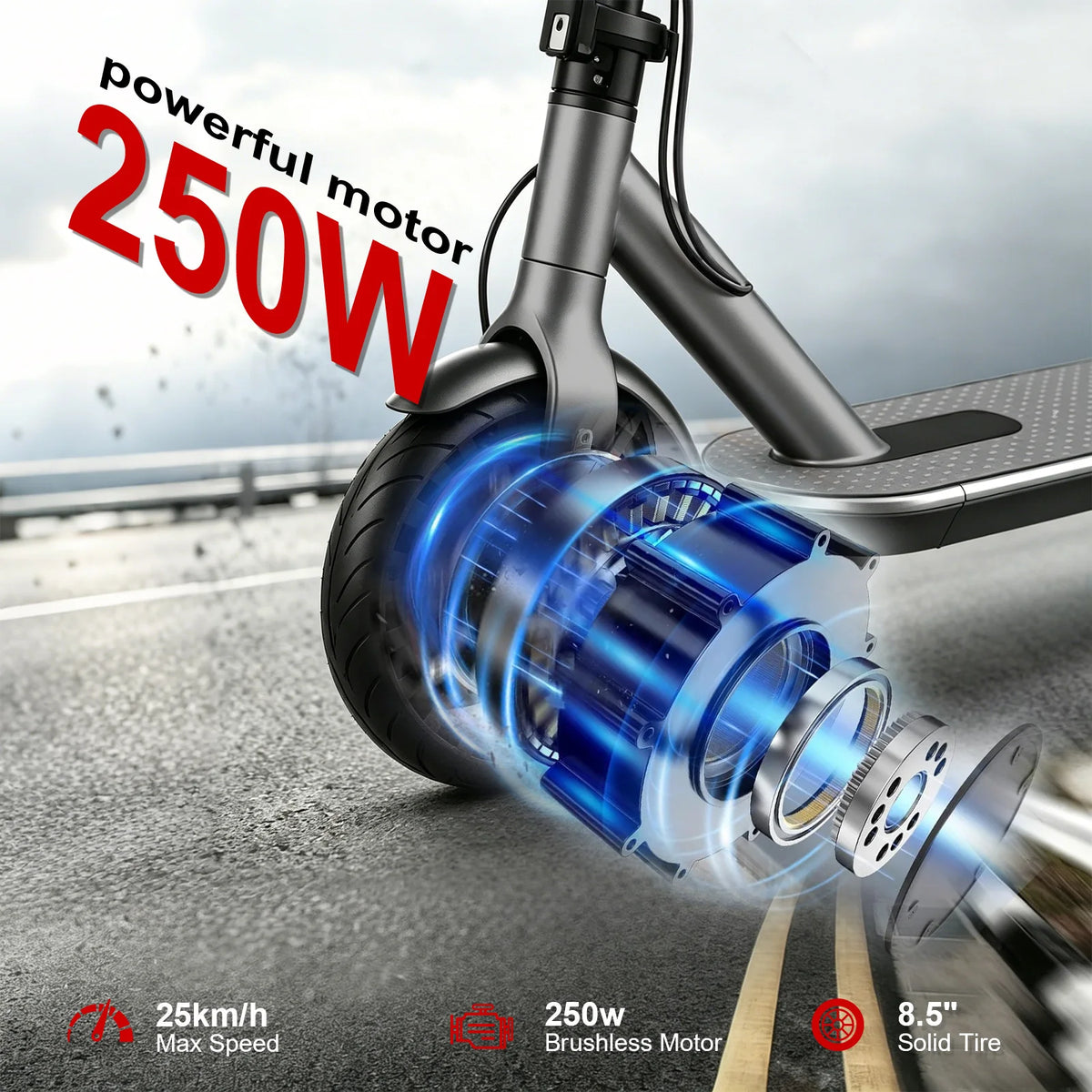 Grey AOVOPRO electric scooter featuring a 250W brushless motor, solid tire, and overlaid 250W graphic.