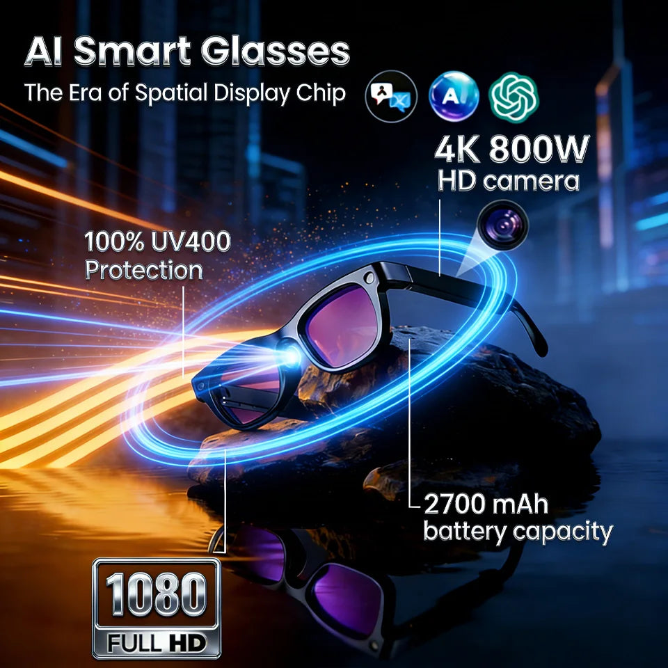 Sleek black AI smart glasses with tinted lenses, featuring a 4K HD camera, UV400 protection, and long battery life.
