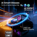 Black smart AI glasses featuring a 4K HD camera, UV400 protection and 1080P recording in a sleek, modern design.