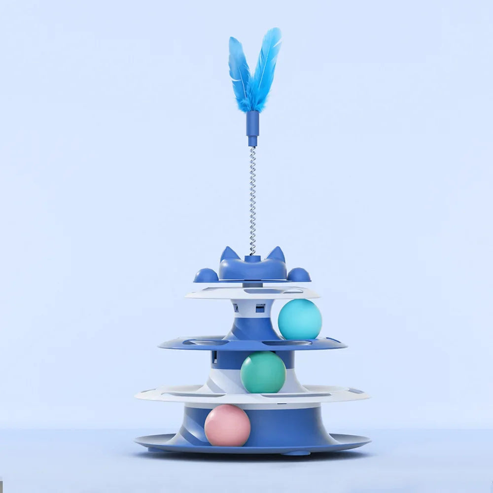 Blue interactive three-tier cat toy with multi-coloured balls and a spring-mounted feather wand on top.