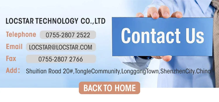 Contact info banner for Locstar Technology with phone, email, fax, address, and a "Contact Us" sign held by a person.