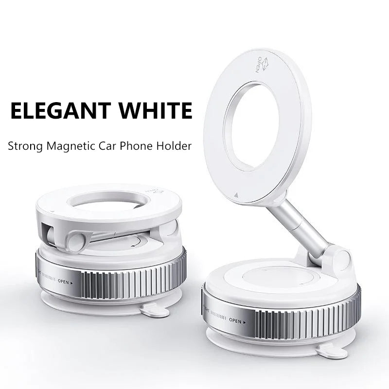 White magnetic car phone holder with an adjustable arm and sleek, compact folding design.