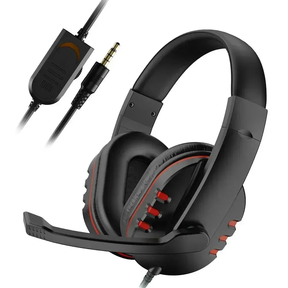 Black wired gaming headset with red accents, integrated microphone, and inline volume control with a 3.5mm jack.