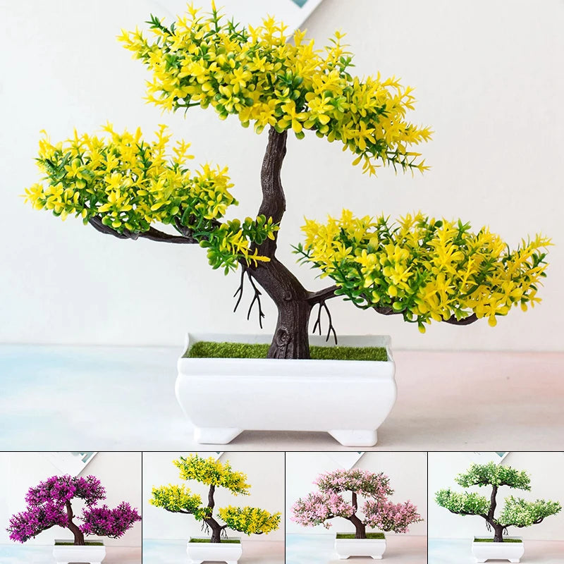 Artificial bonsai tree with bright yellow leaves and a dark brown trunk in a rectangular white ceramic pot.