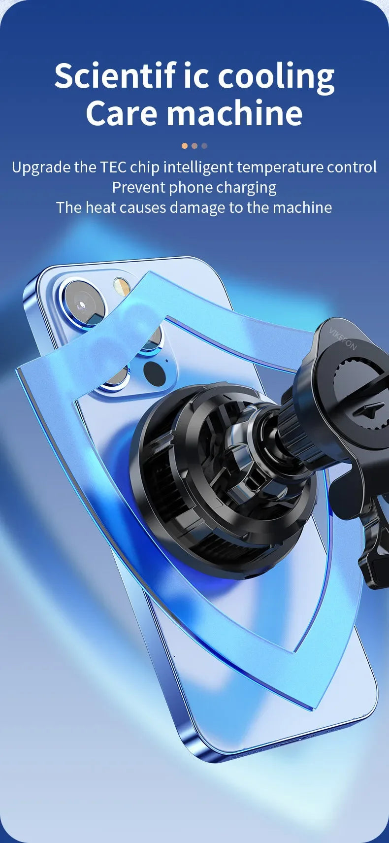 Black circular phone cooling fan attached to the back of a light blue smartphone, set against a blue gradient background.