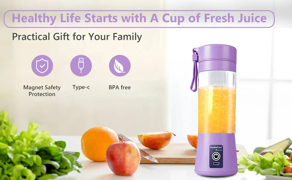 Portable purple personal blender with a clear cup, containing orange juice, next to fresh fruit on a counter.