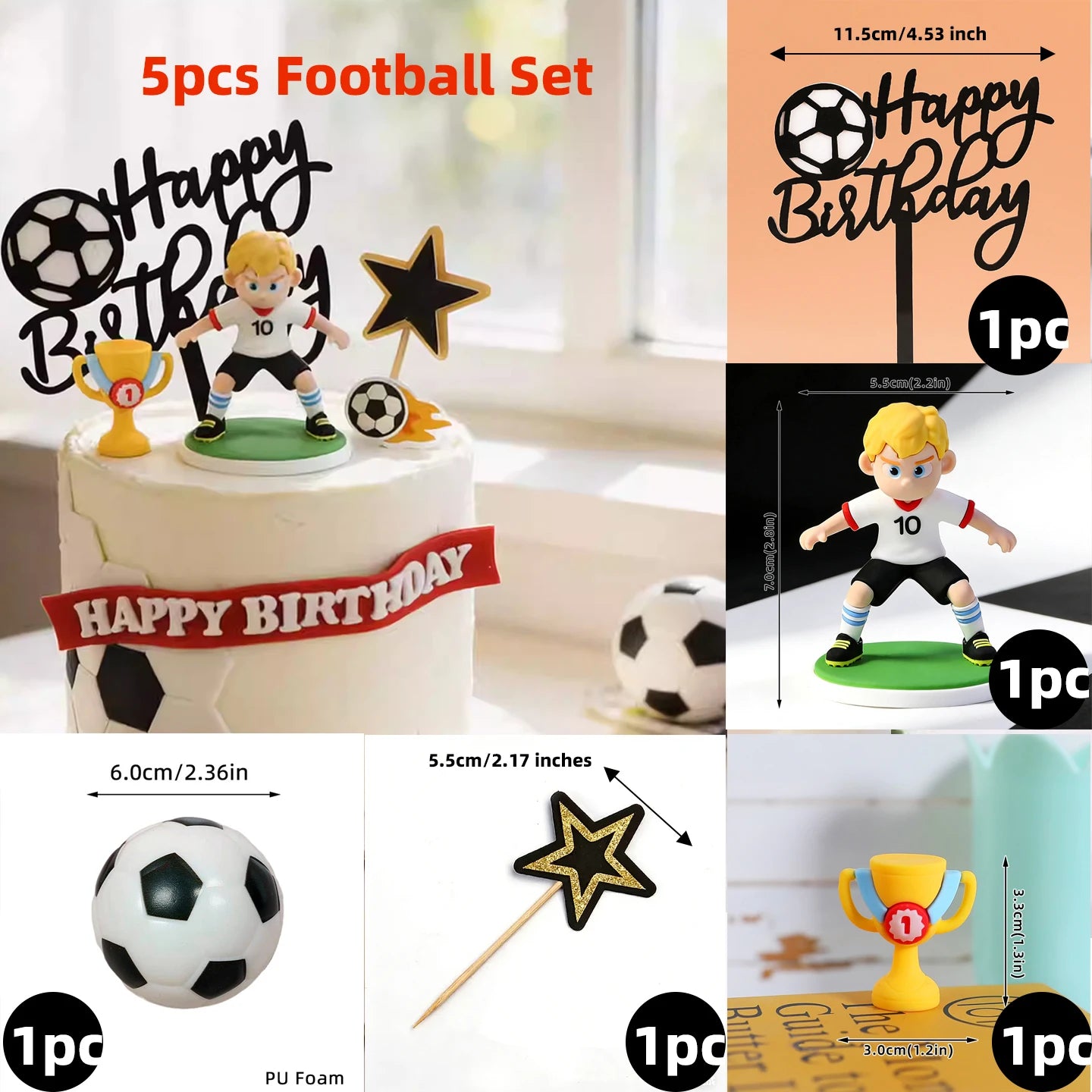 5-piece football cake topper set featuring a footballer figure, gold trophy, star, ball, and Happy Birthday sign.