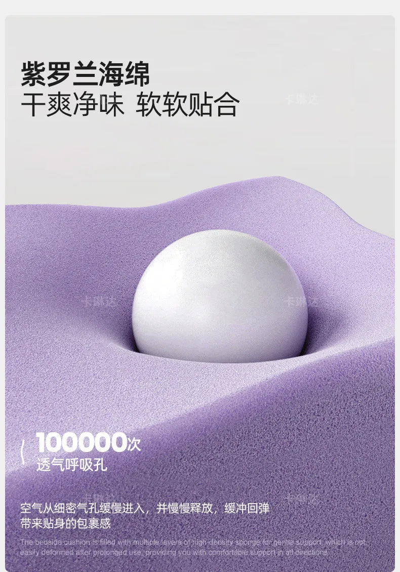 A white sphere resting on a purple, textured memory foam surface, demonstrating the material's soft, supportive cushion.